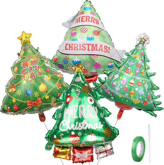 Christmas Tree Balloons Christmas Balloons 4 Pcs Large Foil Balloons for Xmas Tree Decorations, Merry Christmas Party Supplies with Automatic sealing and Ribbons(4 Styles)