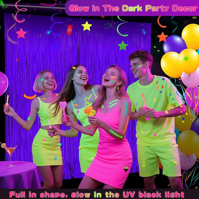 Glow in The Dark Party Supplies 2 Pack Neon Party Decorations Fluorescent Tinsel Foil Fringe Curtains Photo Booth Prop Backdrop Streamer Blacklight Decorations (Neon Purple)
