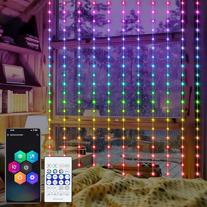 echosari Smart Curtain Lights 6.6 x 9.8Ft 16 Million Colors Changing 300 LED Fairy Curtain Lights DIY Functions with Remote APP Hanging Light for Patio Bedroom Decor