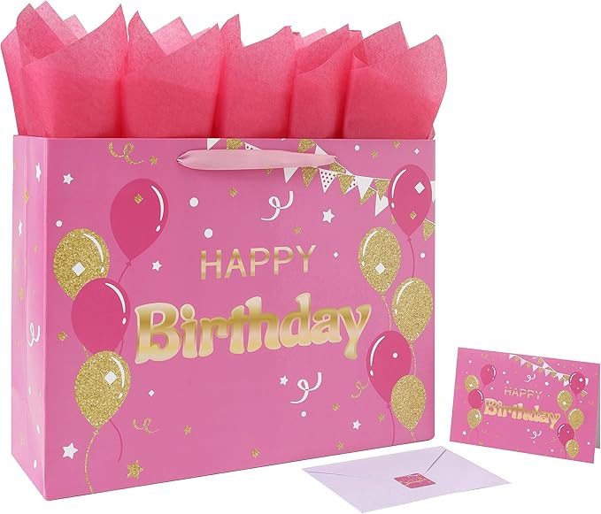 Qirrmiy 16.5" Extra Large Pink Happy Birthday Gift Bag Set with Handles, Greeting Card, Tissue Papers and Stickers for Women Girls, Balloons Design, 1 Pcs