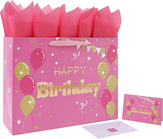 Qirrmiy 16.5" Extra Large Pink Happy Birthday Gift Bag Set with Handles, Greeting Card, Tissue Papers and Stickers for Women Girls, Balloons Design, 1 Pcs