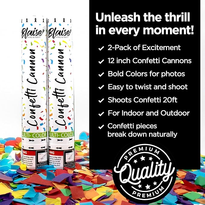 Blaise Pyro & Party Multi-Colored Confetti Poppers - Easy to Use Paper Confetti Poppers for Weddings, Birthdays, Anniversaries & More - Colorful Confetti Cannon for Memorable Photos - 2 Pack, 12 Inch