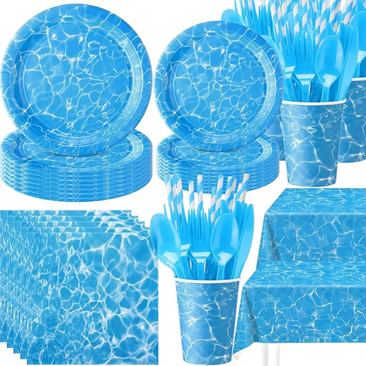 Ceenna 452 Pcs Ocean Waves Party Decorations for 50 Guest, Under The Sea Pool Paper Plates Napkins Cups Tablecloth Cutlery Straw for Summer Blue Ocean Water Beach Birthday Baby Shower Party Supplies