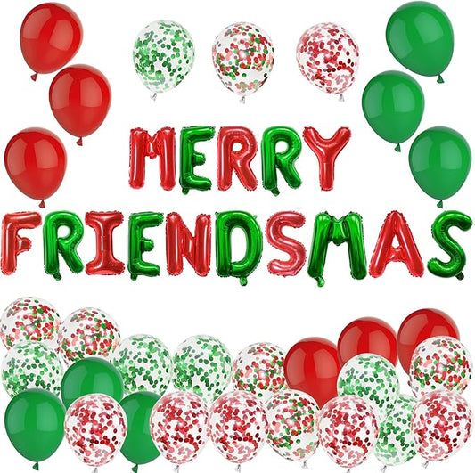 Merry Friendsmas Balloons Party Decorations - 45pcs Friends Christmas Banner Balloons Kit for Office Arch Decoration, Friendsmas Xmas Sign Banners Party Decor Photo Props, 12in Red and Green Balloon