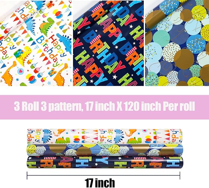 Viadom Birthday Wrapping Paper Roll - Mini Roll - 17 inch X 120 inch Per roll - Colorful Text Happy Birthday, Balloon, Dinosaur Patterns for Birthday, Holiday, Party, Baby Shower (42.3 sq.ft.ttl)