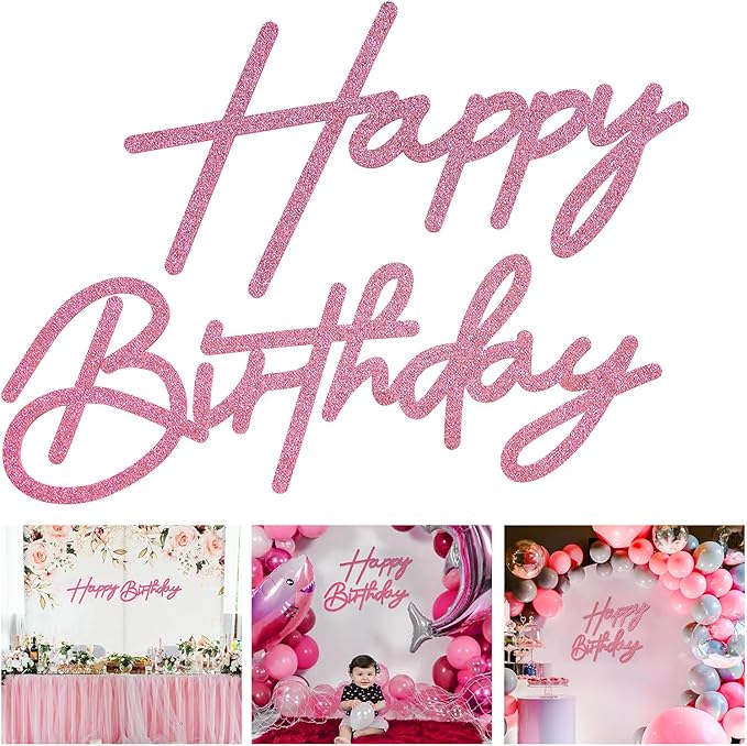 Glitter Pink Happy Birthday Sign for Backdrop - Felt Glitter Letters for Birthday Party Balloon Arch Party Baby Shower, Reusable Large Happy Birthday Decorations Party Letters Sign for Women