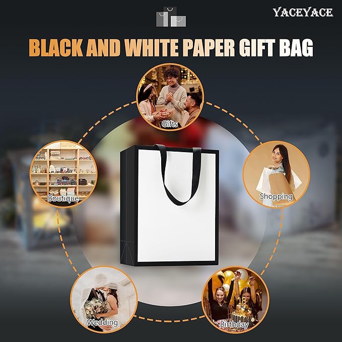 White and Black Gift Bags, 20Pcs 8"x4.25"x10.5" Medium Gift Bags Bulk,White Black Gift Bags with Handles,Gift Bags for Wedding,Party, Retail