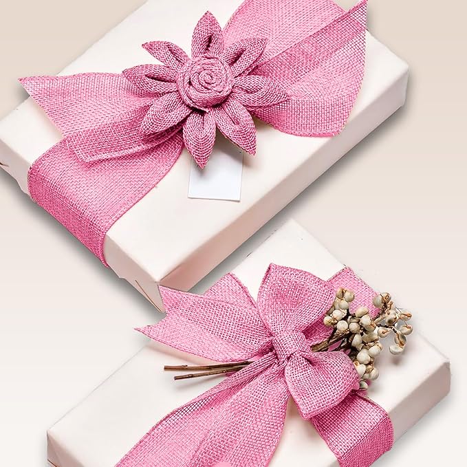 Pink Burlap Ribbon 2 inch X 10 Yard Natural Burlap Woven Wired Ribbons DIY Handmade Edging Production Wreath Holiday Decoration Gift Ribbon for Gift Wrapping Pink Ribbons