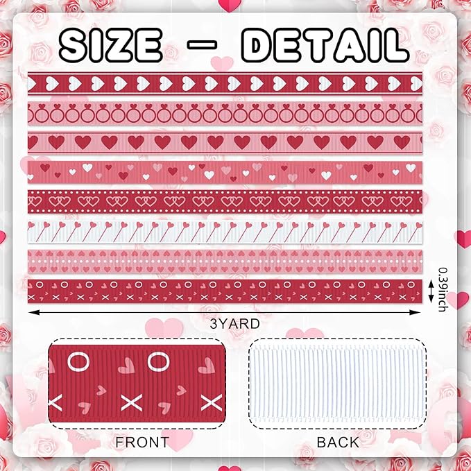 8 Rolls Valentine's Day Ribbon Set, 3/8" x 3 Yards Each, Heart Ring Pattern Grosgrain Ribbons for Wedding Gift Wrapping & DIY Crafts