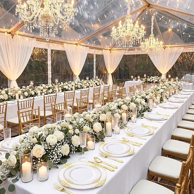 125PCS White and Gold Plastic Plates - Gold Disposable Plates with Plastic Silverware - Vintage Disposable Dinnerware Set for 25 Guests for Wedding Party Dinner Holiday
