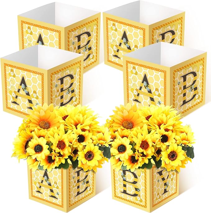 Bucherry 6 Pcs Baby Shower Centerpieces with Letters, 7" Baby Blocks Flower Boxes for Table Decorations, Gender Reveal Party Supplies & Photo Props(Yellow,Honey)