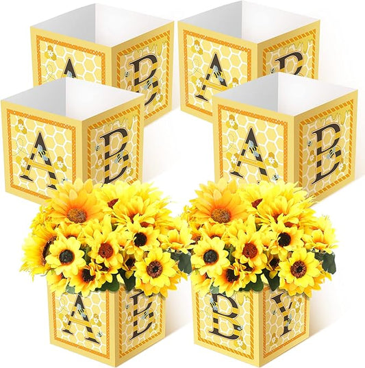 Bucherry 6 Pcs Baby Shower Centerpieces with Letters, 7" Baby Blocks Flower Boxes for Table Decorations, Gender Reveal Party Supplies & Photo Props(Yellow,Honey)