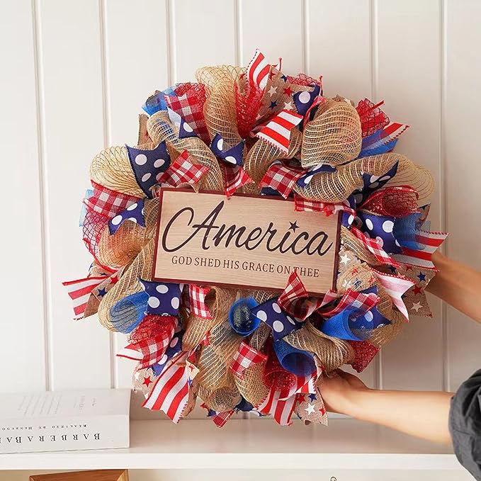 3 Rolls Red White Blue Stripe Deco Mesh Ribbon for Patriotic Wreath Making Supplies, 10 Inch x 30FT Metallic Foil Burlap Deco Mesh Fabric for DIY Crafts Door Wreath Swags and Decorating