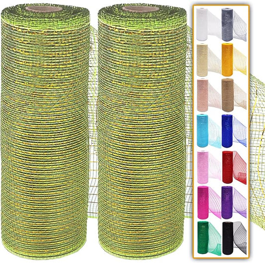 2 Pcs Moss Green Deco Mesh Ribbon Rolls 10 Inch 10 Yards(30 ft) Decorative Mesh Fabric with Foil for Wreaths Christmas Tree Ribbon Door DIY Craft Halloween Decor Wedding Party Supplies (Moss Green)