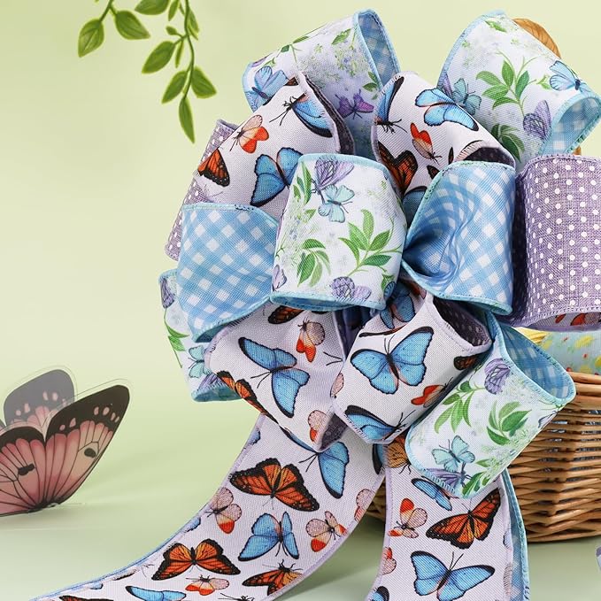 LaRibbons Double Faced Butterfly Wired Ribbon 2 Rolls 2.5 Inch x 12 Yards TTL, Blue and Purple Burlap Spring Ribbon with Plaid and Polka Dot Printed for Crafts Wreath Gift Wrapping Bow Decoration