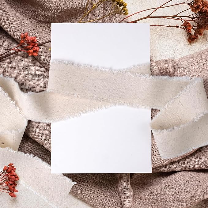 Linen Ribbon Beige Cotton Ribbon 1.5" x 21Yds Boho Vintage Rustic Ribbon Handmade Fringe Frayed Cloth Fabric Ribbon for Gift Wrapping Wedding Invitations Bridal Bouquets DIY Crafts