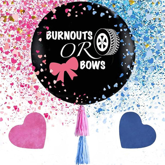 Burnouts or Bows Gender Reveal Balloon With Tassel Tail,36 Inch Big Black Balloons with Pink and Blue Heart Shape Confetti Packs for Boy or Girl,Baby Shower Gender Reveal Party Decoration Kit