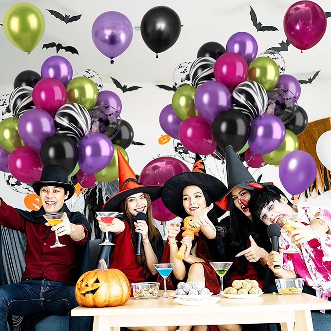 Paready Black Purple Pink Halloween Balloons, 60 Pcs Hot Pink Black Green Party Balloons, Metallic Green Purple Balloon Bat Printed Agate Balloon for Halloween Birthday Home Garden Party Decoration
