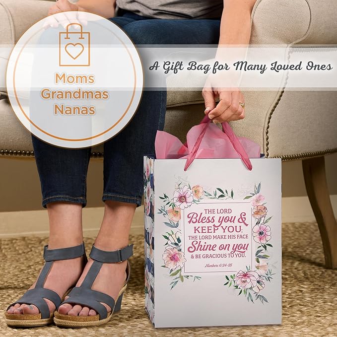 Christian Art Gifts Large Portrait Scripture Gift Bag w/Blank Card & Wrapping Tissue Paper Set for Moms: Lord Bless You Inspirational Bible Verse, Best Mom Ever Greeting for Mother's Day, Birthday,
