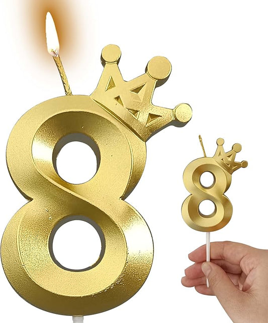 The Number 8 Gold Birthday Candles for Cake is Beautiful Number Candles for 8th Birthday Decorations for Boys and Girls (Gold-8, Crown)