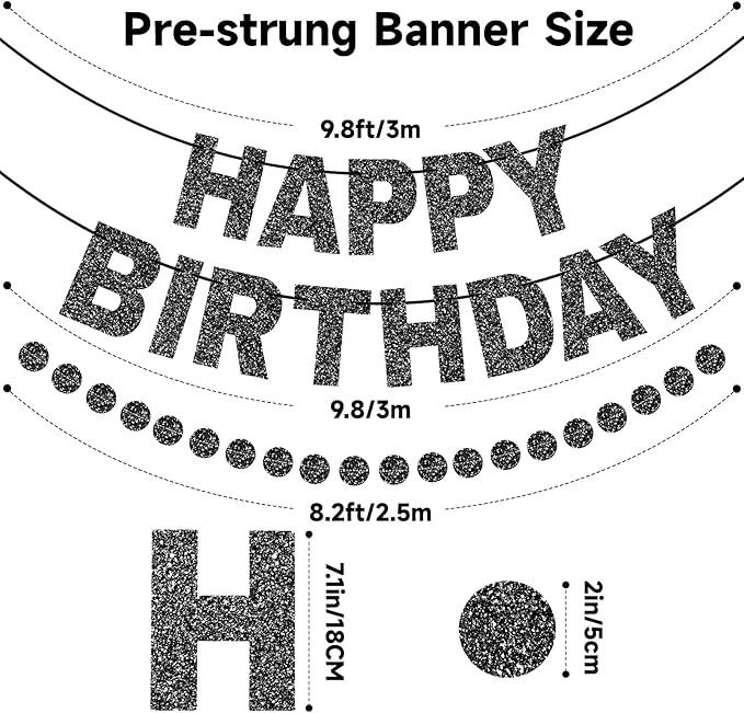 GCQQ Black Happy Birthday Banner Set - No DIY Glitter 3M Birthday Banners and 2.5M Dot Garlands Pre-Strung Black Theme Party Decorations for Men Women Birthday Party Backdrop
