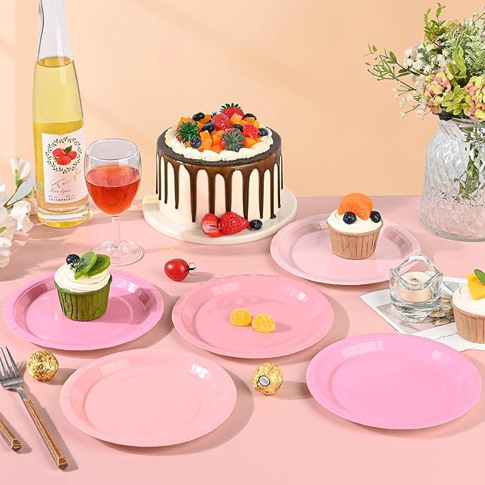 AimFun Pink Paper Plates Gradient Pink Party Plates 7” Disposable Round Dessert Plates for Birthday Wedding Bridal Engagement Baby Shower Party Supplies 4 Colors (48)
