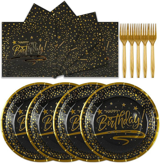 72PCS Happy Birthday Plates and Napkins Party Supplies, Black Gold Dot Paper Plates and Napkins with Forks Disposable Tableware Set for Birthday Party Decorations, Serves 24