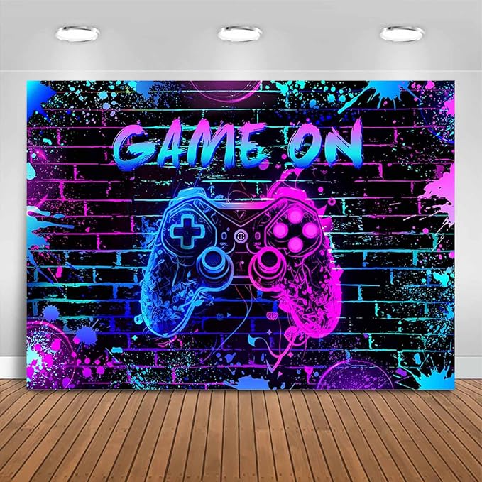 Mocsicka Game On Backdrop Video Game for Boys Level Up Birthday Party Decoration Purple Game Night Arcade Neon Glow Gamer Banner Photography Background (Purple, 10x8ft(120"x96"))