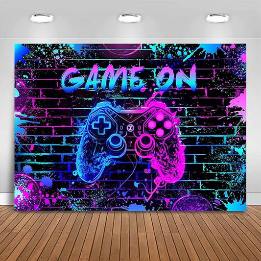 Mocsicka Game On Backdrop Video Game for Boys Level Up Birthday Party Decoration Purple Game Night Arcade Neon Glow Gamer Banner Photography Background (Purple, 10x8ft(120"x96"))