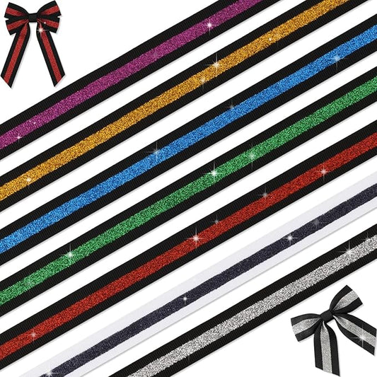 Glitter Grosgrain Ribbon Set 5/8" x 14 Yards, 7 Colors No-Shed Sparkle Ribbon Variety Pack for Cheer Bows, Gift Wrapping, Homecoming Mums,Team Spirit Crafts,Party Decorations School Supplies