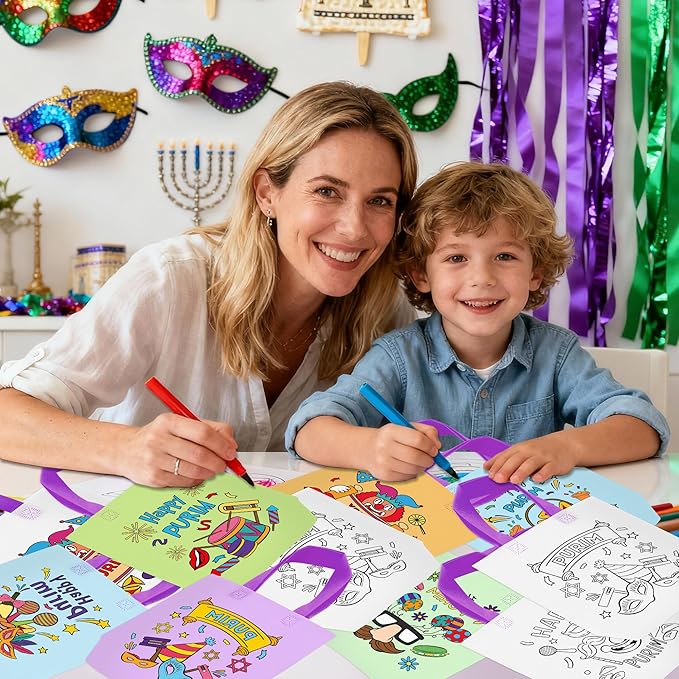 Purim Coloring Goodie Bags for Kids - 24Pcs Happy Purim Color Your Own Gift Bags with Handle Carnival Themed Reusable Non Woven Coloring Tote Packet for DIY Painting Jewish Party Spring Holiday Favor