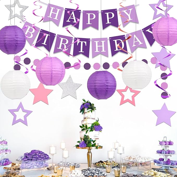 Happy Birthday Decorations, Purple Birthday Party Decorations Set with Happy Birthday Banner, Paper Lanterns, Star Swirl Hanging Decorations & Circle Dots Garland