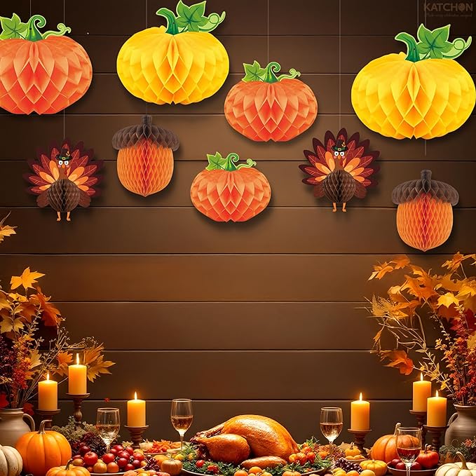 KatchOn, Thanksgiving Hanging Decorations - Pack of 9 | Turkey Centerpieces, Thanksgiving Decorations Indoor | Turkey Decorations, Pumpkin Decorations | Friendsgiving Party Decorations, Harvest Décor
