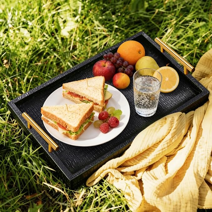 SXNOWS 17"x12" Black Faux Leather Serving Tray with Gold Handles, Rectangle Decorative Tray for Ottoman, Coffee Table, Kitchen, Bar, Gift for Home Decor