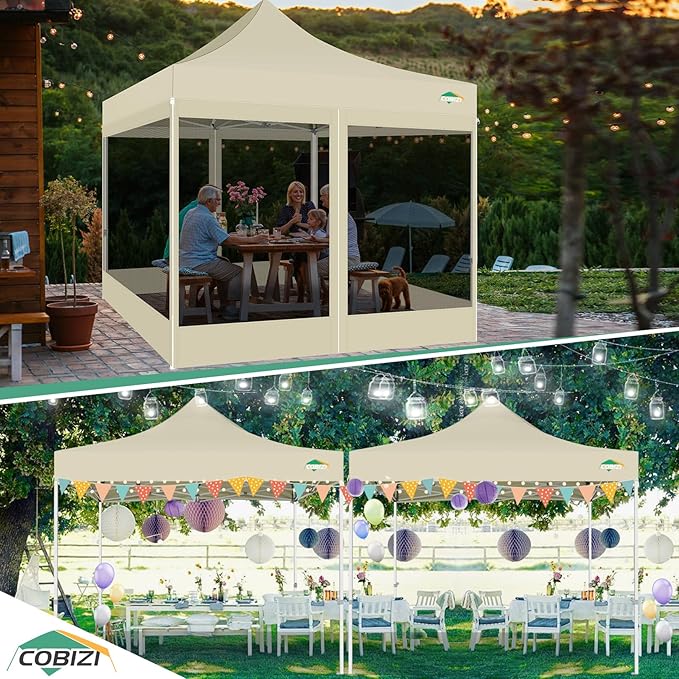 COBIZI 10x10 Canopy Tent with 4 Sidewalls,Heavy Duty Pop up Canopy with Mosquito Netting,Easy up Screen Tent for Parties Wedding Outdoor Camping with Handbag,Khaki