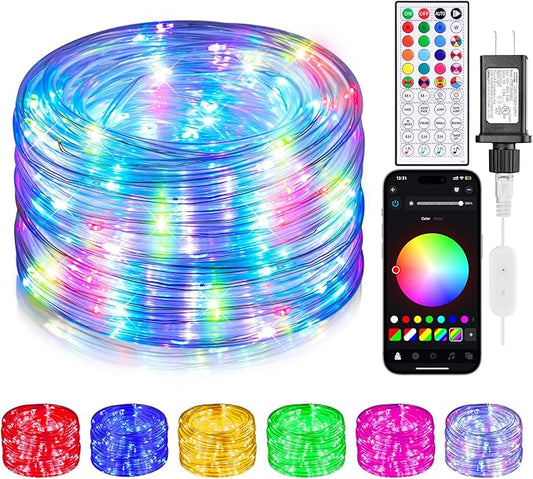 Rope Lights Outdoor Color Changing, 49FT 150 LED Waterproof Fairy String Light Plug in with Remote & APP Controlled, Music Sync Christmas Lighting for Outside Indoor Bedroom Halloween Decor