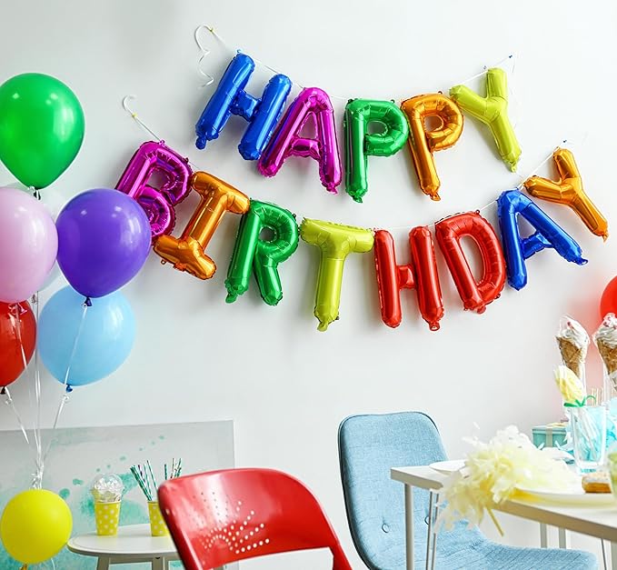 Rainbow Happy Birthday Balloon Banner, 16 Inch Foil Mylar Happy Birthday Balloons Letters, Reusable Colorful Happy Birthday Sign, Rainbow Birthday Decorations for Women, Boys and Girls