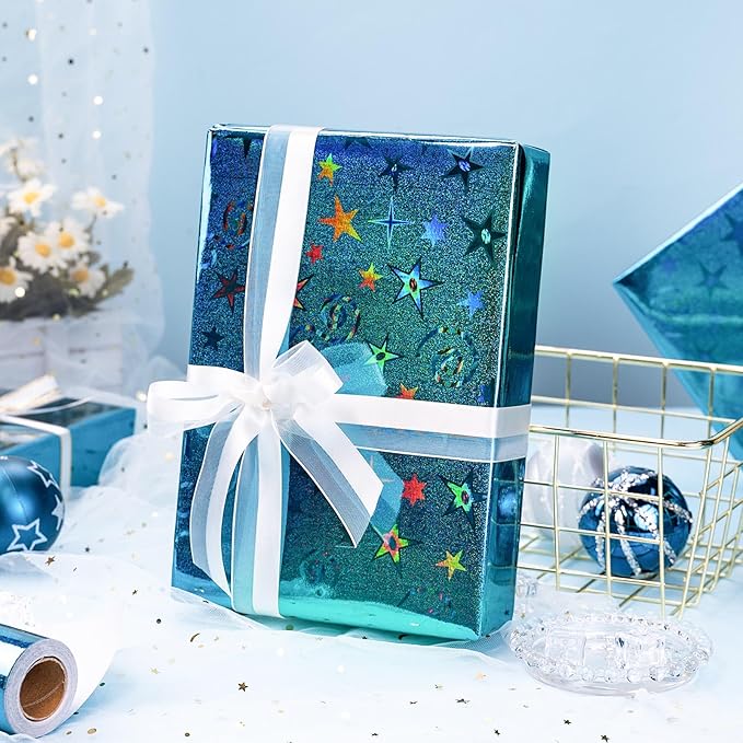 Burymento Blue Wrapping Paper, Metallic Holographic Star Gift Wrap with Shining Design for Birthday, Valentines, Mothers day, Graduation, Wedding, Fathers day, Baby Shower, Christmas (17 IN x 32.8 FT)