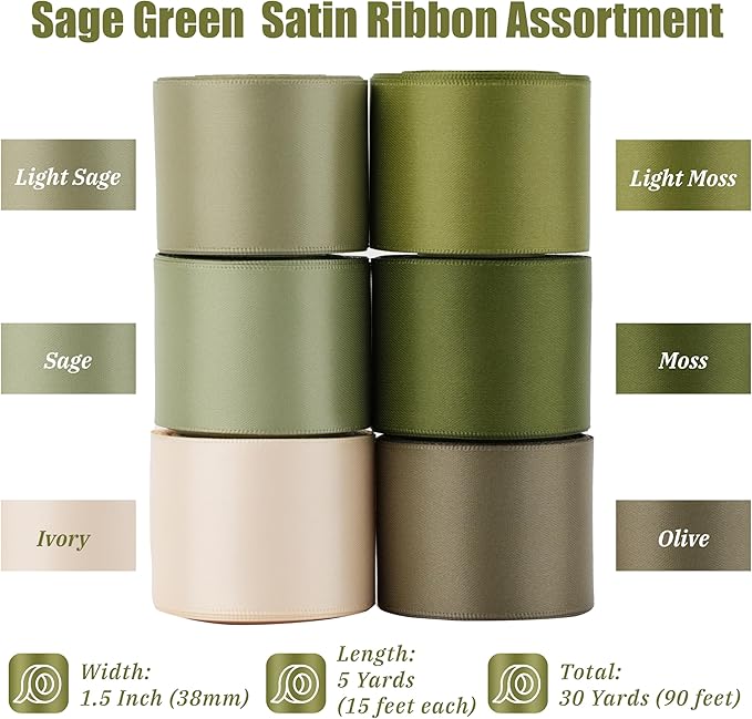 Sage Green Satin Ribbon, 1.5 Inch x 30 Yards, 6 Rolls, Double Face Polyester Ribbon for Wedding Decor, Gift Wrapping, Hair Bows, Bouquets, DIY Crafts