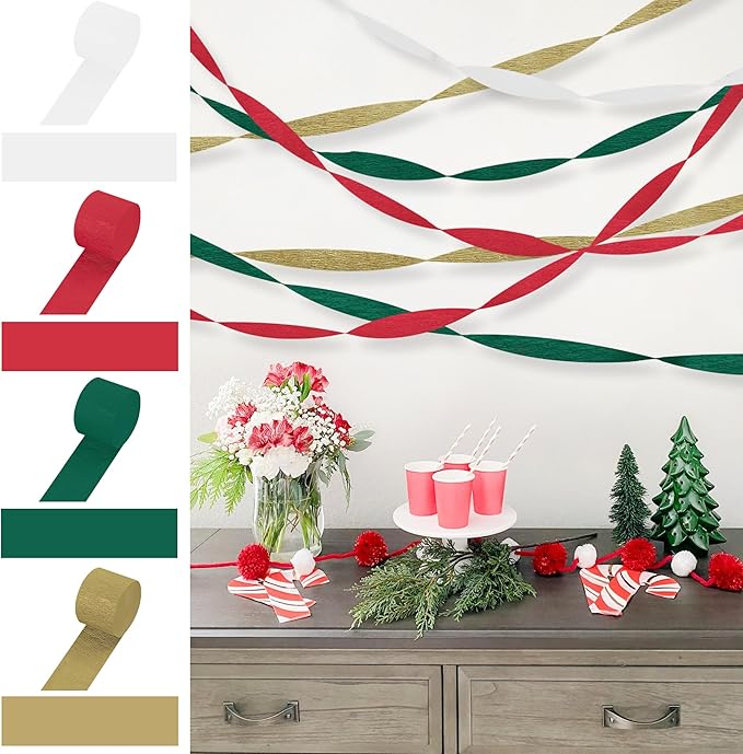 8 Rolls Christmas Crepe Paper Streamers Red Green Gold and White Streamers for Christmas Party Decorations Birthday Baby Shower Gender Reveal Wedding Graduation Party Decorations DIY Crafts