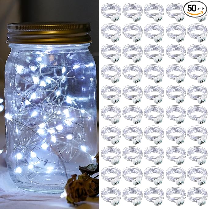 50 Pack Fairy Lights 7Ft 20 LED Twinkle String Lights 3 Modes Battery Operated Waterproof Firefly Starry for Mason Jar Wedding Party Bedroom Patio Christmas Day Table Centerpieces,Cold White