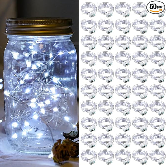 50 Pack Fairy Lights 7Ft 20 LED Twinkle String Lights 3 Modes Battery Operated Waterproof Firefly Starry for Mason Jar Wedding Party Bedroom Patio Christmas Day Table Centerpieces,Cold White