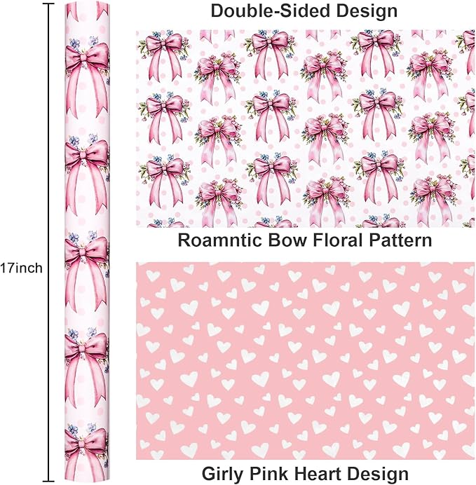 MAYPLUSS Pink Bow Wrapping Paper Roll, Girl Birthday Wrapping Paper, Reversible Girly Feminine Pink Gift Wrap with Bow Print for Baby Shower, Christmas, Valentine's Day, Mother's Day (17 In X 33 Ft)