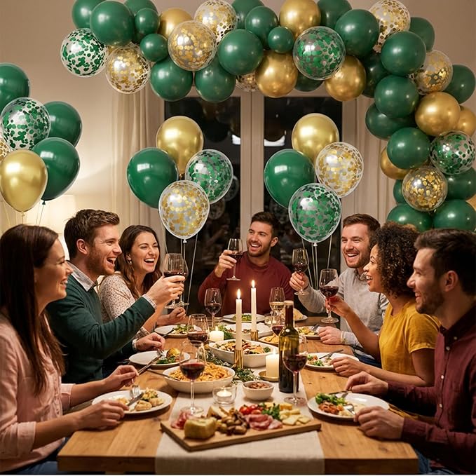 Hiquaty Green and Gold Latex Balloons,50pcs 12 inch Dark Green Balloons Gold Confetti Balloons with Ribbon for Birthday St. Patrick's Day Wedding Party Decoration