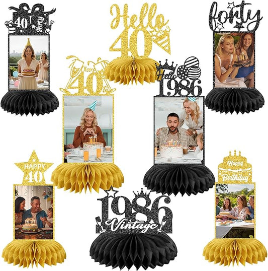 8Pcs 40th Birthday Decoration for Men Women Happy 40th Birthday Table Decorations Cheers to 40th Honeycomb Centerpieces Birthday Party Decorations Black and Gold 40th Birthday Party Favors