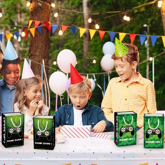 WERNNSAI Video Game Party Favor Bags - 16 Pack Gaming Birthday Party Decorations for Kids Boys Green Game Goodie Bags with Handles Game On Birthday Party Supplies for Baby Showe Anniversary