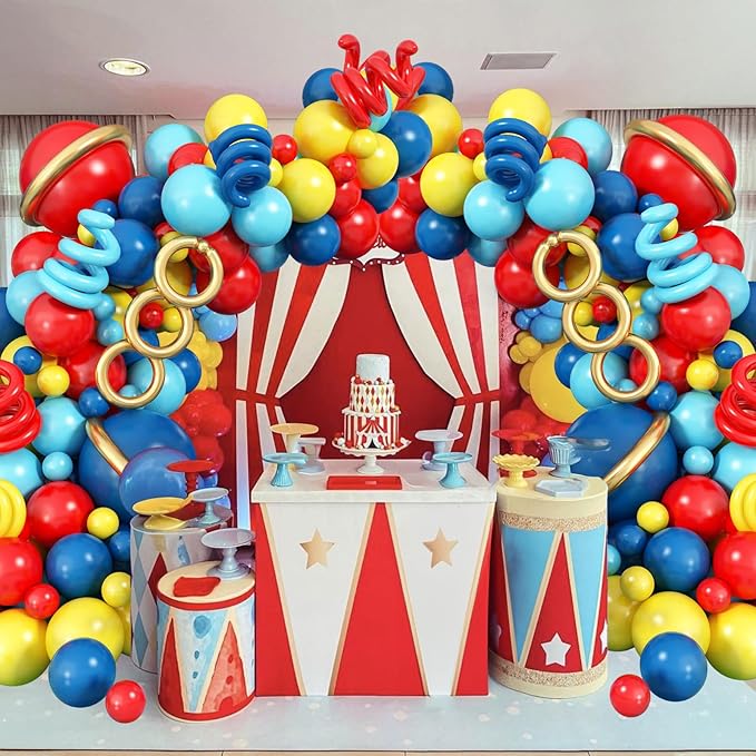 Jobkoo 127 PCS Red Blue Yellow Balloon Garland Arch Kit Cartoon Primary Color Balloons with Gold Circle for Cartoon Theme Carnival Circus Baby Shower Birthday Party Decorations