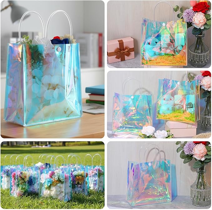 16 Pcs Holographic Bags, Party Favor Bags Clear Reusable Birthday Gift Bag with Handle-PVC Plastic Goodie Handbag for Women Girls Iridescent Bachelorette Wedding Christmas(7.87" x 7.87" x 3.94")