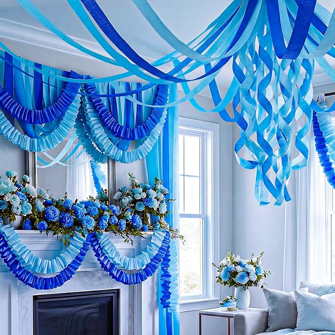 Blue Crepe Paper Streamers 9 Rolls 738ft, Blue Streamers Party Decorations for Party Baby Shower Gender Reveal Birthday Wedding Graduation Decor,1.77 Inch x 82 Ft/Roll