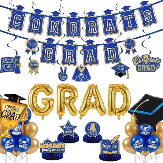Royal blue Gold Balloons GRAD Print Balloons with Banner Table Honeycomb Centerpieces Hanging Swirl Graduation Cap trophy GRAD Letters Mylar Balloons for 2026 graduate Prom Decorations